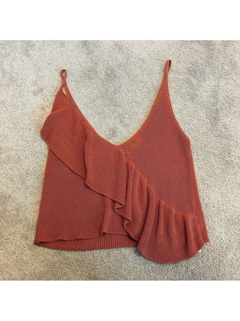 Zara burnt orange knit ruffle frill accent spaghetti strap camisole tank blouse - Picture 5 of 9